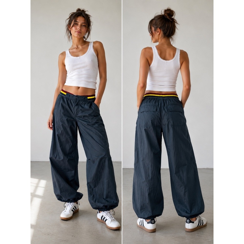 Free People Movement Way Home Parachute Pants Navy Blue Nylon Joggers Sm Petite